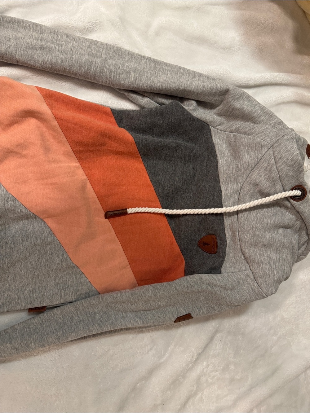 Wanakome Heather Gray Pullover Hoodie with Rust and Peach Panels